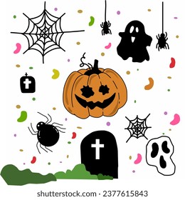 Halloween vector background design. Happy halloween trick or treat text with cute ghost and pumpkins element for spooky yard party celebration. 