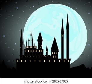 Halloween vector background with Dracula's castle, full moon and starry sky