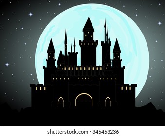 Halloween vector background with Dracula's castle, full moon and starry sky