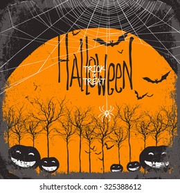 Halloween vector background. Dry tree and pumpkins. Full moon and bats. Spider web