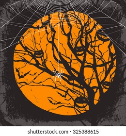 Halloween vector background. Dry tree and spider web