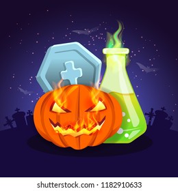 Halloween. Vector Background. Invitation Poster Design Mockup. Scary Art with Pumpkin, Tomb and Poison Flask. Halloween Party Flyer.