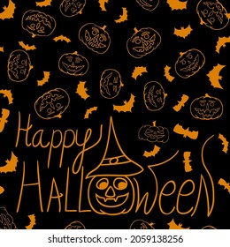 Halloween vector background with lettering happy halloween. Greeting card. Black and orange.