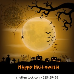 Halloween vector background with moon, bats, spider web, spider,  graveyard and halloween lanterns.