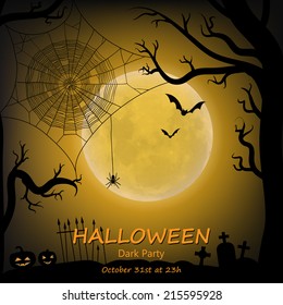 Halloween vector background with moon, bats, spider web, spider and halloween lanterns.