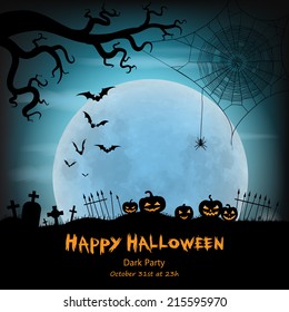 Halloween vector background with moon, bats, spider web, spider and halloween lanterns.