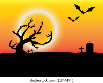 Halloween vector background : Moon bats grave and tree