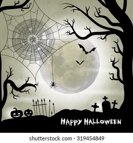 Halloween vector background with moon, bats, spider web, spider and halloween lanterns