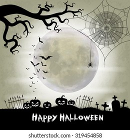 Halloween vector background with moon, bats, spider web, spider and halloween lanterns