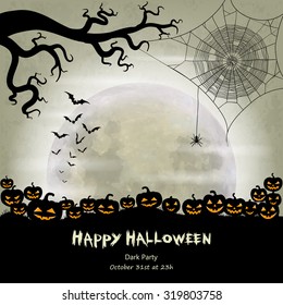 Halloween vector background with moon, bats, spider web, spider and halloween lanterns