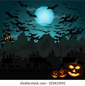 Halloween vector background with moon and bats