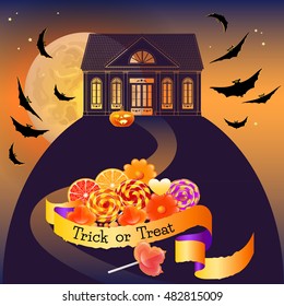 Halloween vector background with moon, house, sweets, bats and words Trick and Treat.