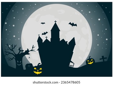 
Halloween vector background with
night moon, scary house, pumpkin, scary tree, graves