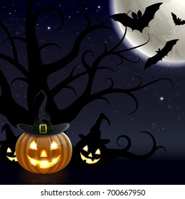 halloween vector background with pumpkin in the hat and bats