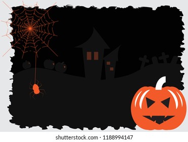 Halloween vector background with pumpkin,graves,spider,web,castle for card,poster.