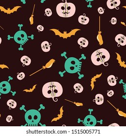 Halloween vector background with pumpkins, bats, brooms and skulls in soft pink, amber, mint and aubergine. Seamless pattern for fabric, textile, gifts, wallpaper and scrapbooking.