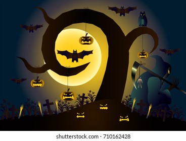 Halloween vector background with pumpkins and bats in a scary landscape with graves and tree.