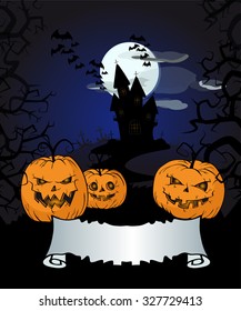 Halloween vector background with pumpkins, old castle, and  banner with place for your text.