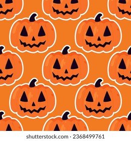 Halloween vector background. Halloween pumpkins seamless pattern. Orange pumpkins with carved eyes and mouth texture. Flat vector illustration for printing on textiles and wrapping paper.