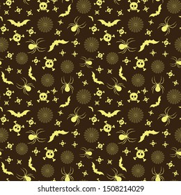Halloween vector background with pumpkins, spiders, bats, spiderwebs, witches, brooms, skulls in neon yellow on black background. Seamless pattern for fabric, textile, gifts, wallpaper, scrapbooking.