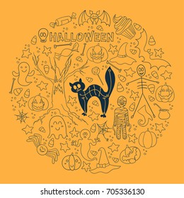 Halloween vector background. Round set of vector design elements. Line art for card, poster, textile, paper print.