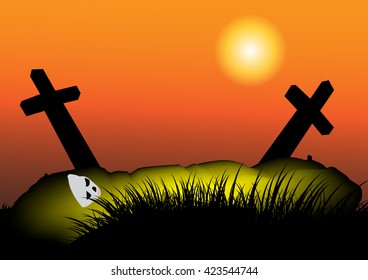 Halloween vector background scary graveyard with cross and corpse