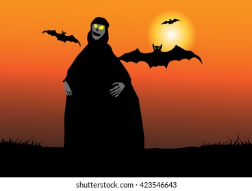 Halloween vector background scary graveyard with cross and flying bats