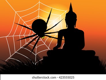 Halloween vector background scary graveyard with buddha statue and cobweb