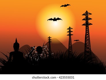 Halloween vector background scary graveyard with buddha statue and electricity pillar