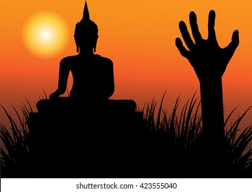 Halloween vector background scary graveyard with buddha statue and zombie hand