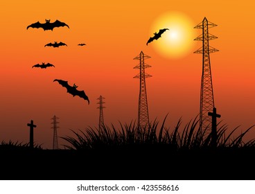 Halloween vector background scary graveyard with pillar and flying bats