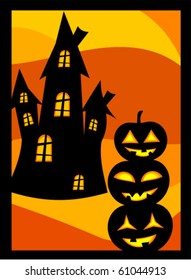 Halloween vector background with scary pumpkin lanterns and house