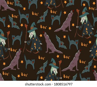 Halloween vector background. Seamless pattern with cute and fun Halloween characters Witch, Vampire, Pumpkin Jack o Lantern, Spider, Mummy, Elvira, Frankenstein, Devil, Werevolf, Black Cat, Bat.