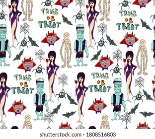 Halloween vector background. Seamless pattern with cute and fun Halloween characters Witch, Vampire, Pumpkin Jack o Lantern, Spider, Mummy, Elvira, Frankenstein, Devil, Werevolf, Black Cat, Bat.