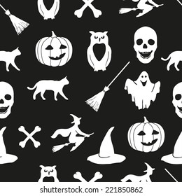 Halloween vector background. Seamless pattern with pumpkin, hat, ghost, broom, witch, owl, bone, skull and black cat. Halloween illustrations. White Halloween icons on a black background. 