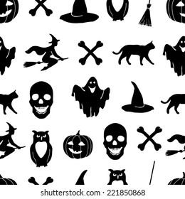 Halloween vector background. Seamless pattern with pumpkin, hat, ghost, broom, witch, owl, bone, skull and black cat. Halloween illustrations. Black Halloween icons on a white background. 