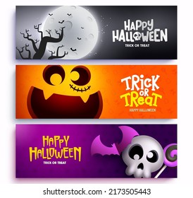 Halloween vector background set design. Happy halloween trick or treat text with pumpkin, skull and night yard horror collection for trick or treat night celebration. Vector illustration.
