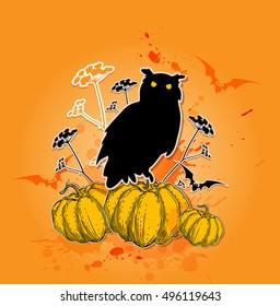 Halloween vector background with silhouette of owl and pumpkins. 
