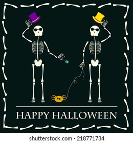 Halloween vector background with skeletons with hats
