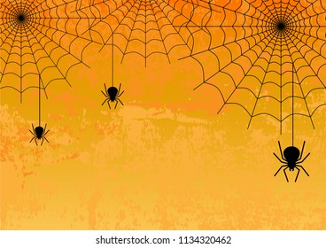 Halloween vector background with spider, moon silhouette style of sunset orange light