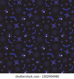 Halloween vector background with spiders, bats, spiderwebs and skulls in purple, blue and navy on black background. Seamless pattern for fabric, textile, gifts, wallpaper and scrapbooking.