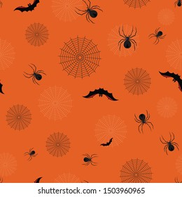 Halloween vector background with spiders, bats, spiderwebs in black, red and yellow on orange background. Seamless pattern for fabric, textile, gifts, wallpaper and scrapbooking.