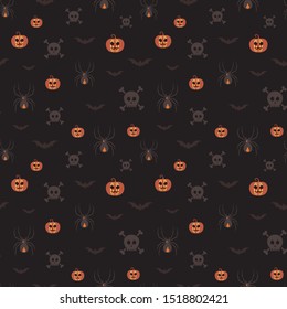 Halloween vector background with spiders, bats, pumpkins and skulls in yellow, tan and grey on black background. Seamless pattern for fabric, textile, gifts, wallpaper and scrapbooking.