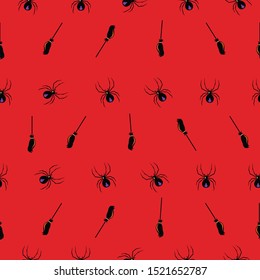 Halloween vector background with spiders and brooms in black, red, purple and yellow. Seamless pattern for fabric, textile, gifts, wallpaper and scrapbooking.