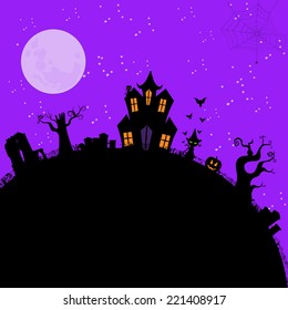 Halloween Vector Background with Spooky House, Pumpkin, Grave Yard and Black Cat.