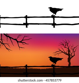 Halloween vector background with spooky raven bird, fence and bare twisted tree branches silhouette