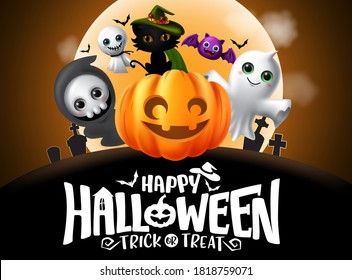 Halloween vector background template. Happy halloween greeting text with scary characters like pumpkin lantern, grim reaper, ghost and cat silhouette for tick or treat design. Vector illustration 