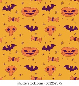 Halloween vector background texture Skulls pumpkins bats candy. Orange, yellow and purple