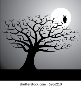 A halloween vector background with a tree, moon and an owl