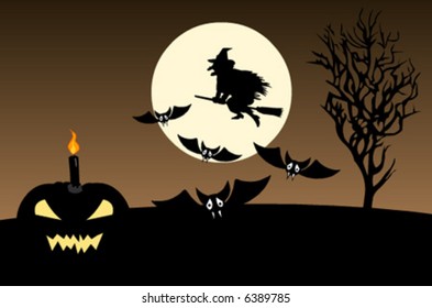 Halloween vector background with a tree, witch, moon, pumpkin, bat and an owl
